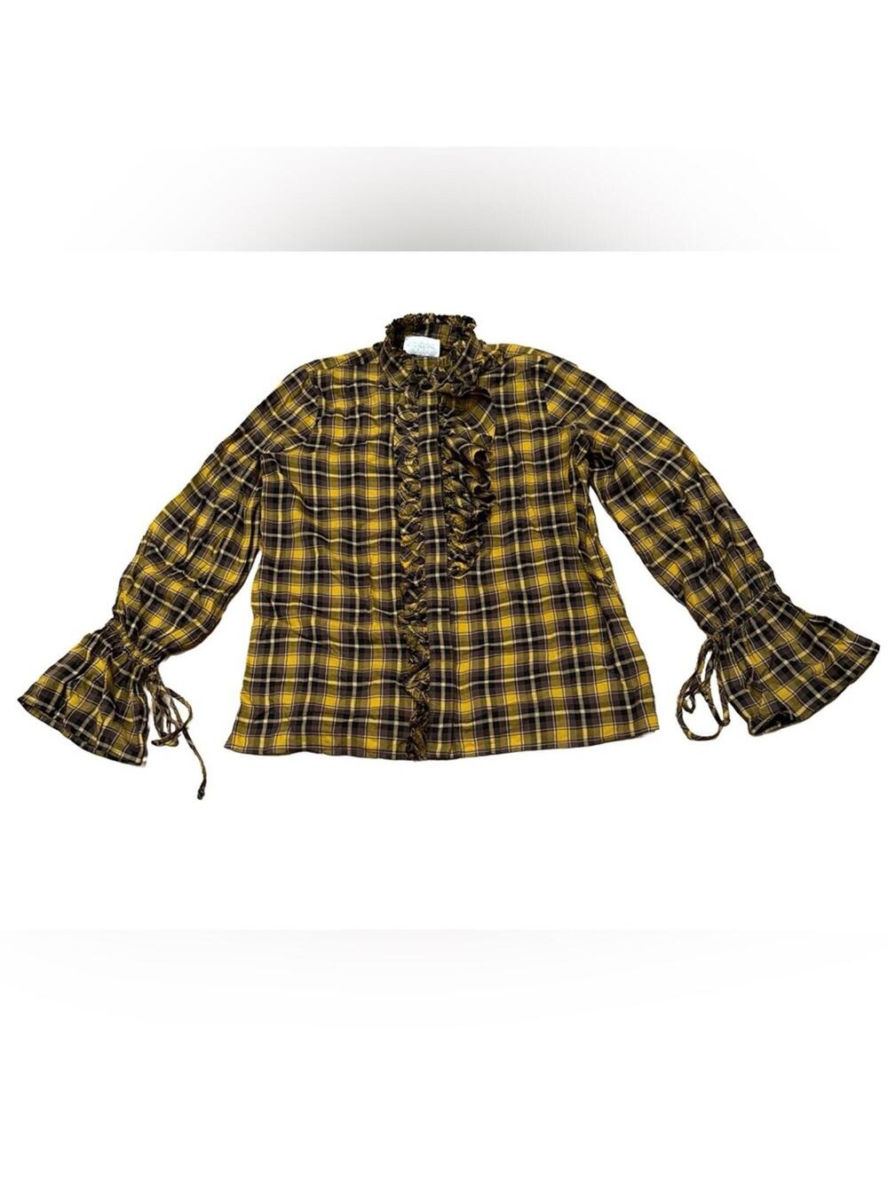 Divine Heritage Yellow Plaid Blouse top Ruffled Shirt XS Clueless Halloween